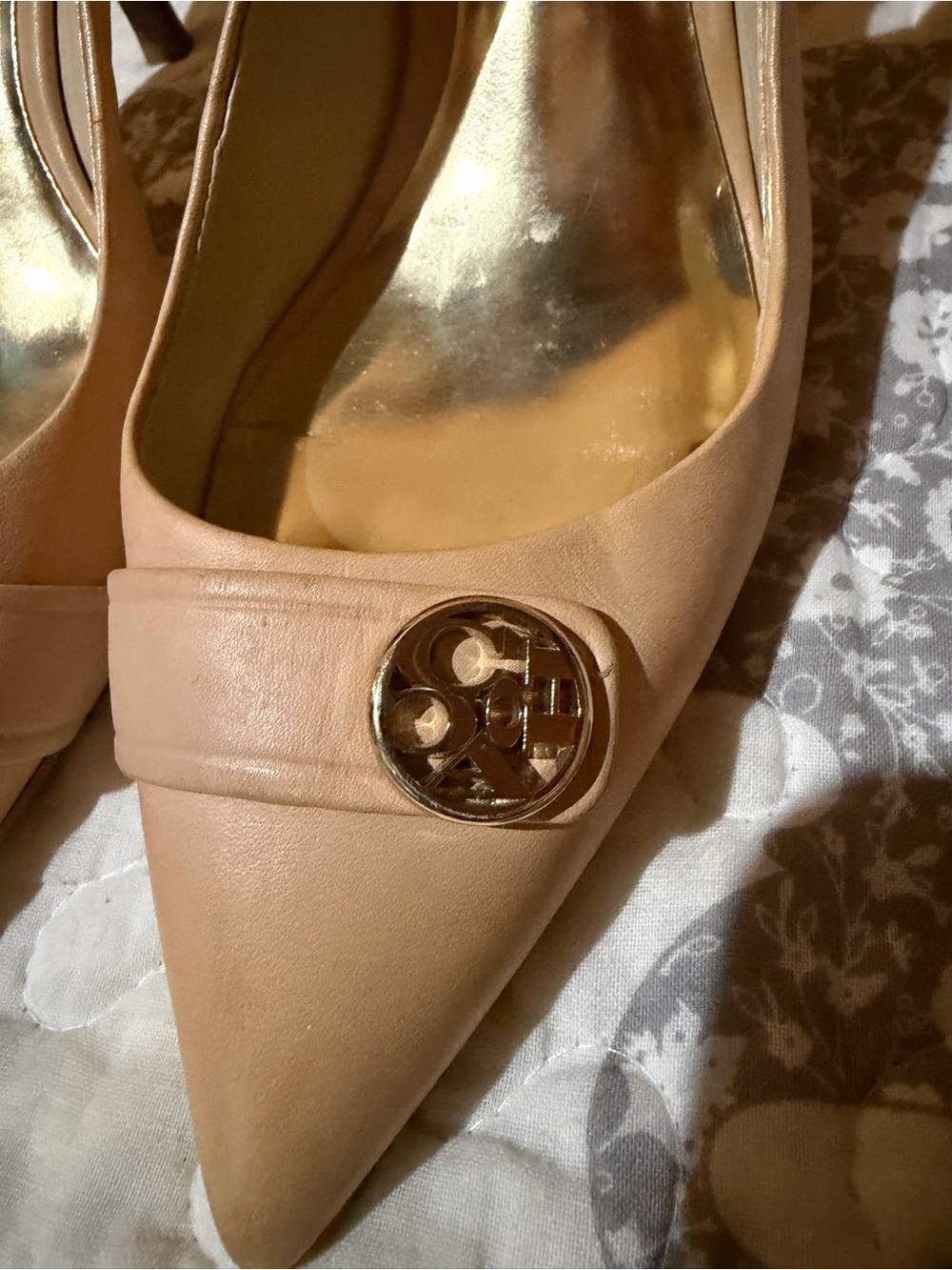 Coach Pointed Toe Flat in Nude Beige with Gold Logo